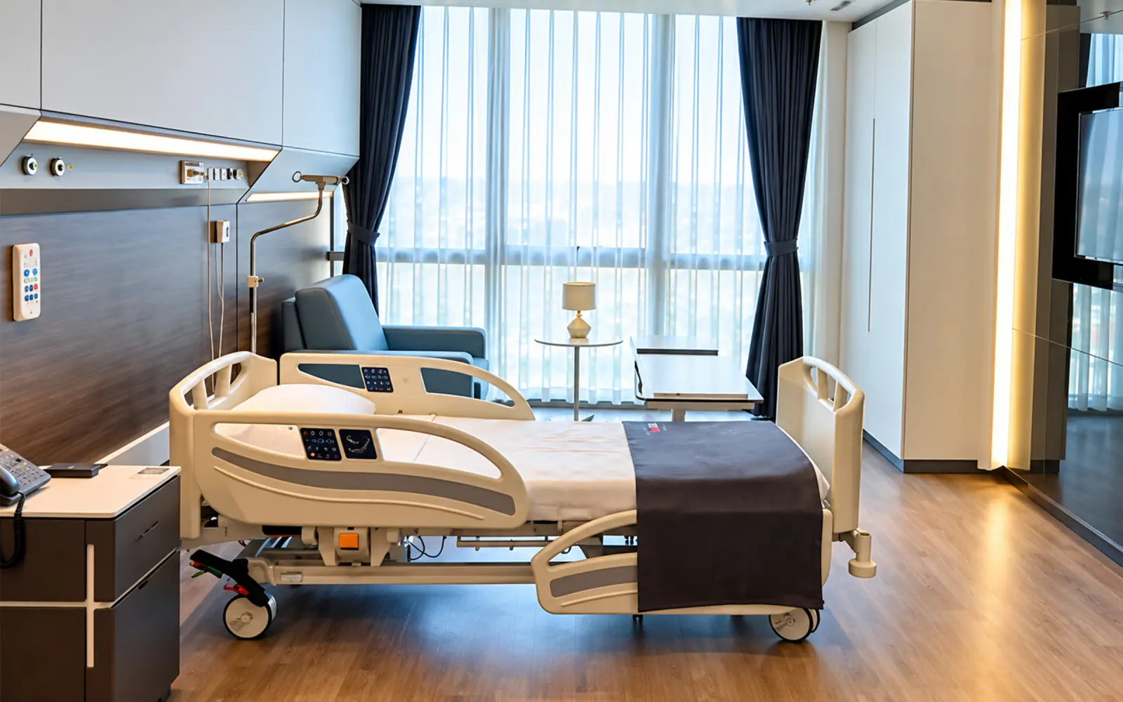 Patient recovery room with a hospital bed