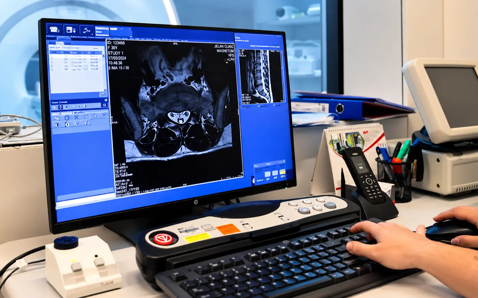 Medical imaging review on a monitor at a workstation